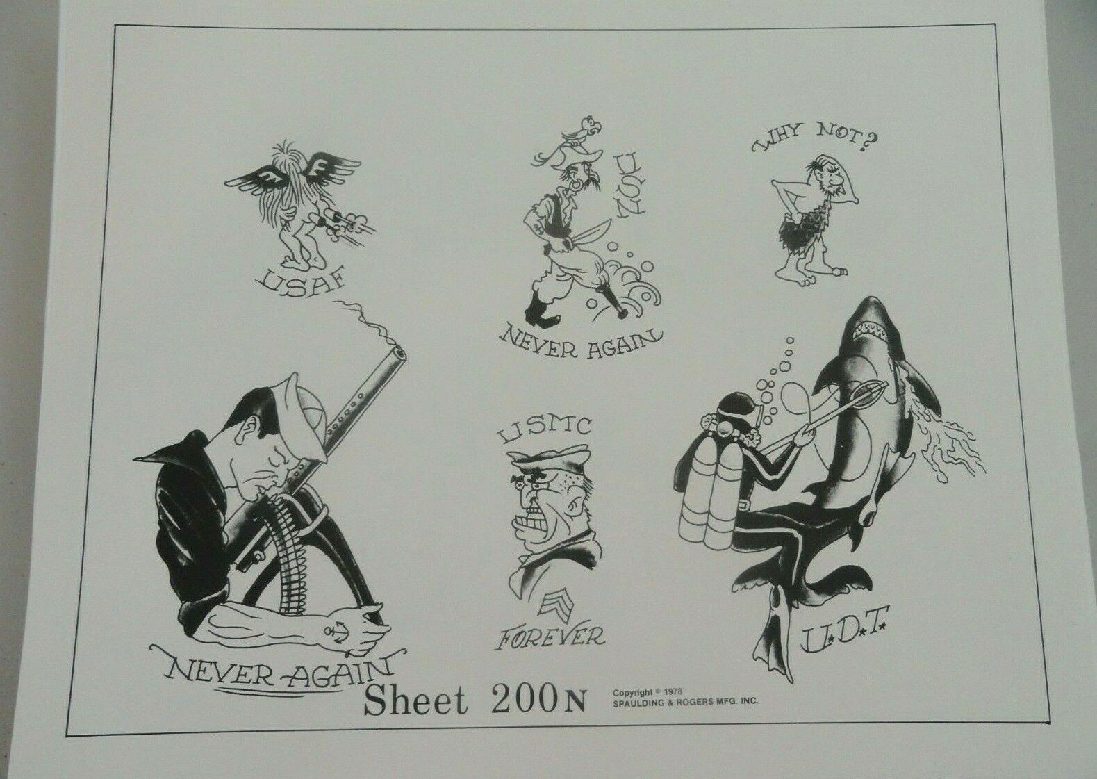 VTG 1978 Spaulding & Rogers Tattoo Flash Sheet 200N USN USMC USAF Navy Marines