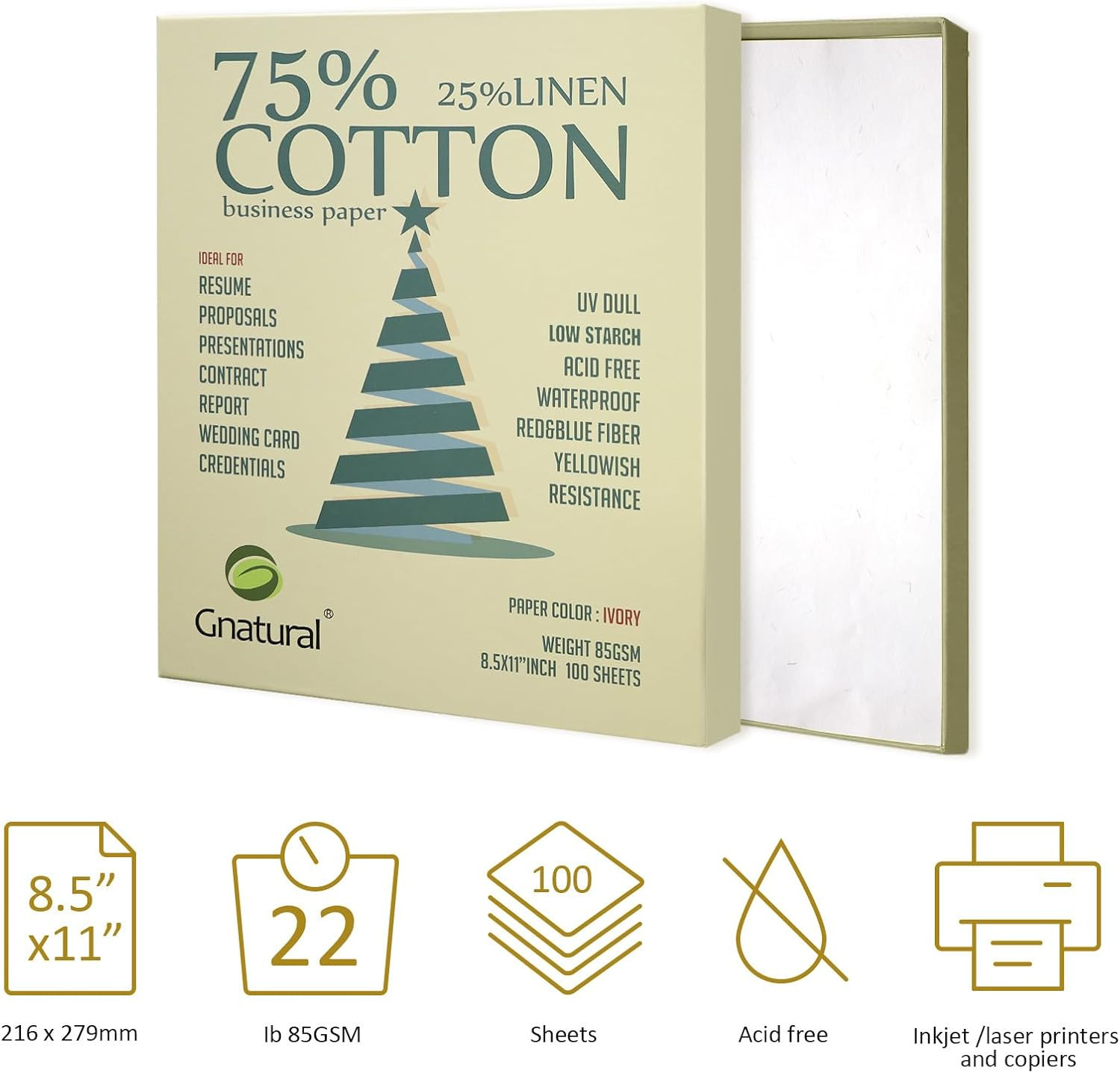 75% Cotton 25% Linen Business Paper, Ivory 85gsm 8.5″W x 11″L Resume Paper, Won’