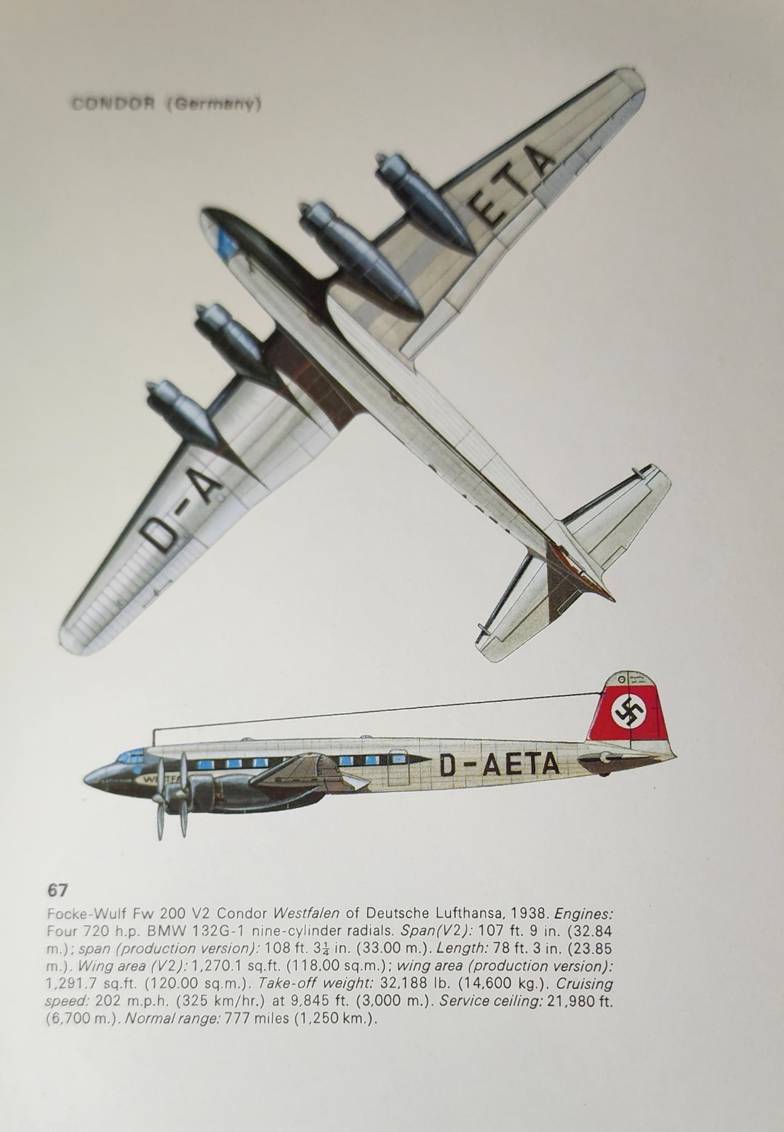 Focke-Wulf Fw 200 Condor Picture Out of Print Aircraft Spec Info Sheet Decor
