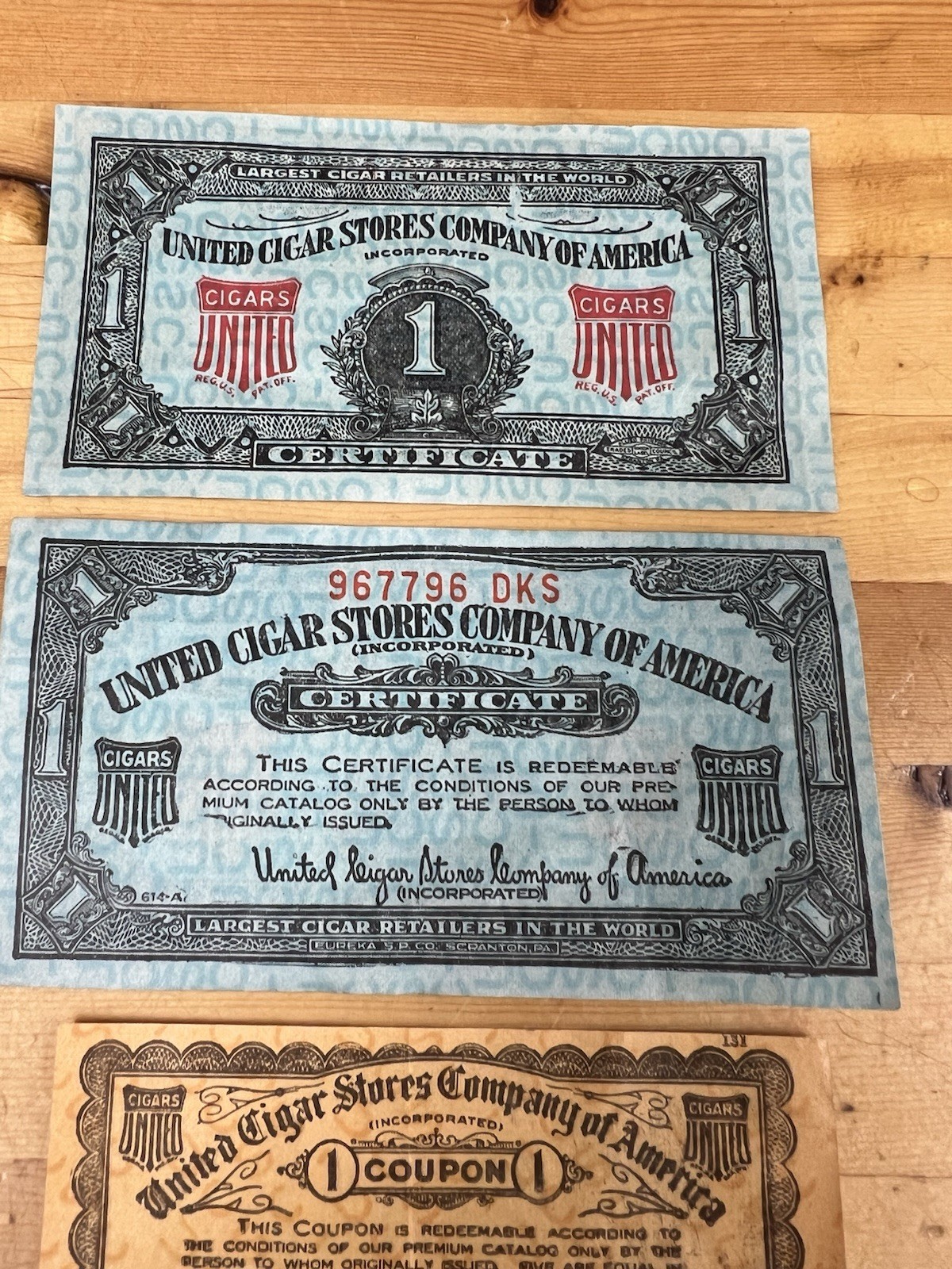 United Cigar Stores Company of America $1 Green & Orange Certificate- Set Of 4