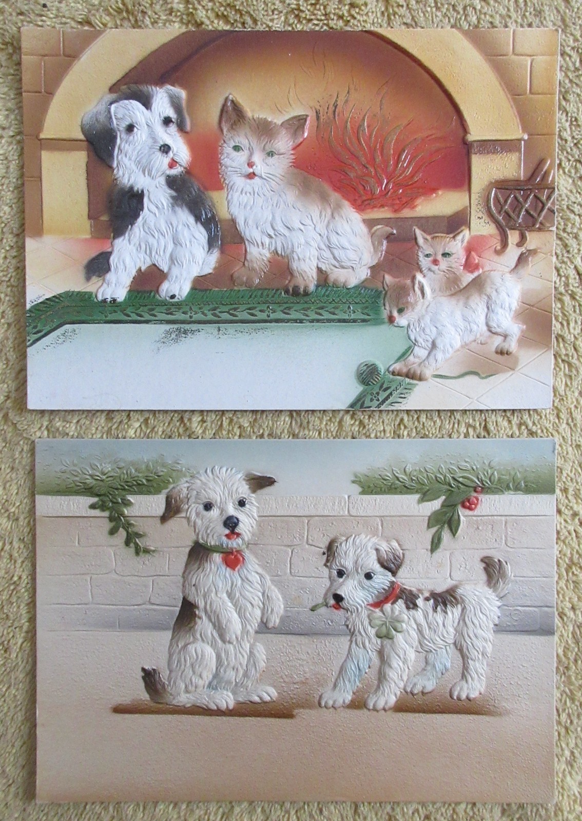 2 VINTAGE GERMAN EMBOSSED DIE CUT CALENDAR TOPS – DOG AND CATS