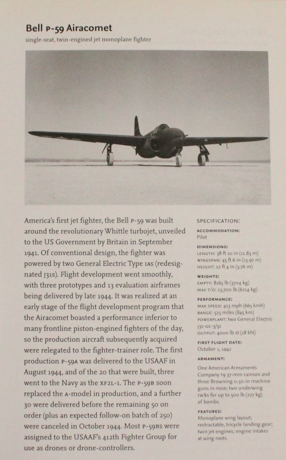 Bell P-59 P59 P 59 Airacomet Plane Picture Aircraft Article Vintage Info Sheet