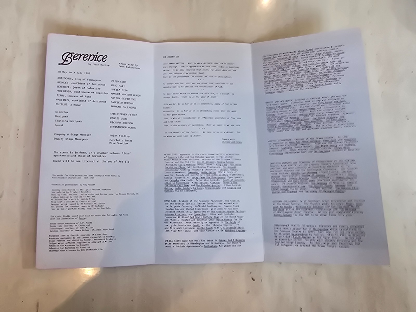 Vintage Berenice Theatre Programme 1982 Peter Eyre Raad Rawi Christopher Fettes