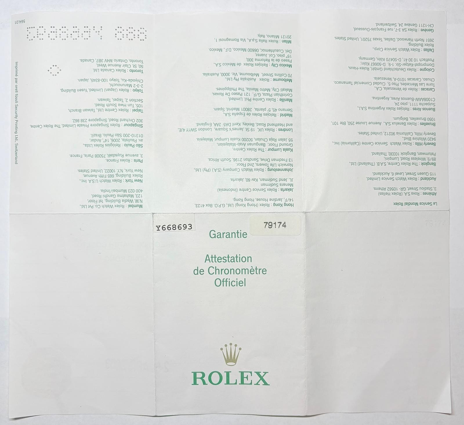 OEM Rolex 79174 Lady-Datejust Warranty Certificate Guarantee 2000s Y Serial Cert