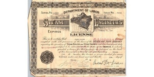 NJ Steam Engineer License 1927 Frank Maguth A-3099 Dept of Labor New Jersey