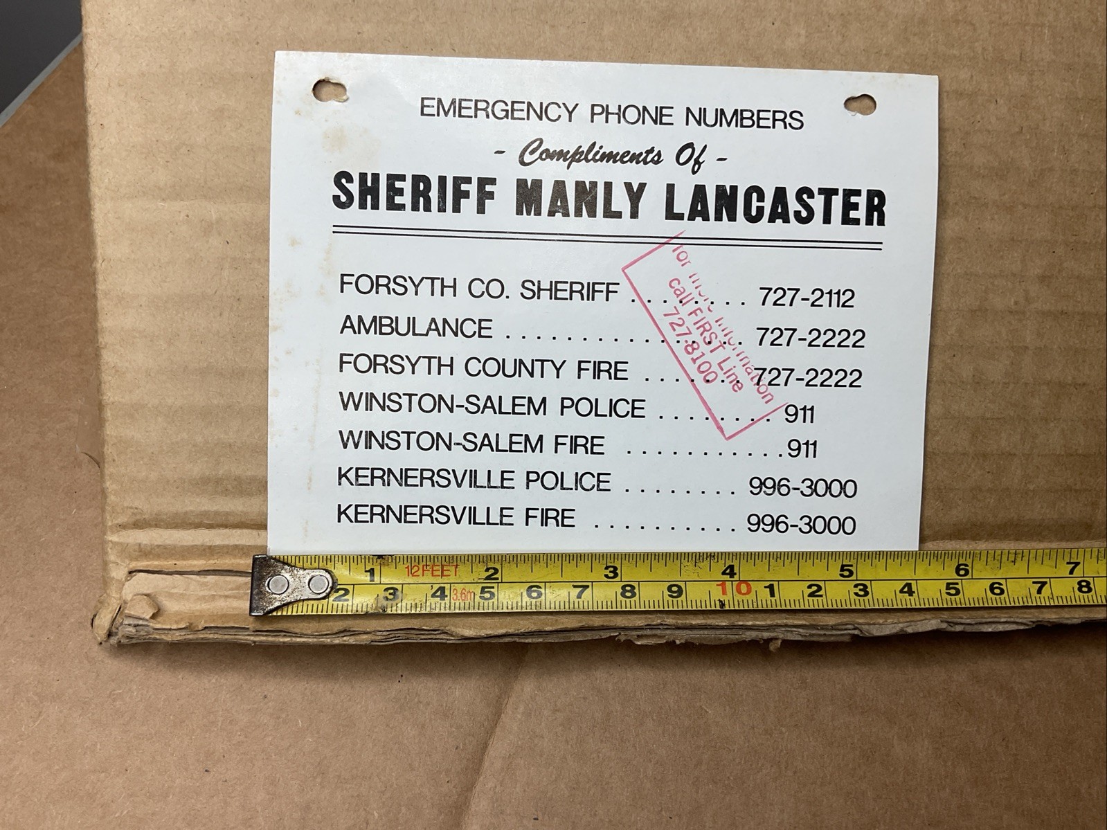1980s Sheriff Manly Lancaster Emergency Numbers Flyer Winston-Salem Nc B19