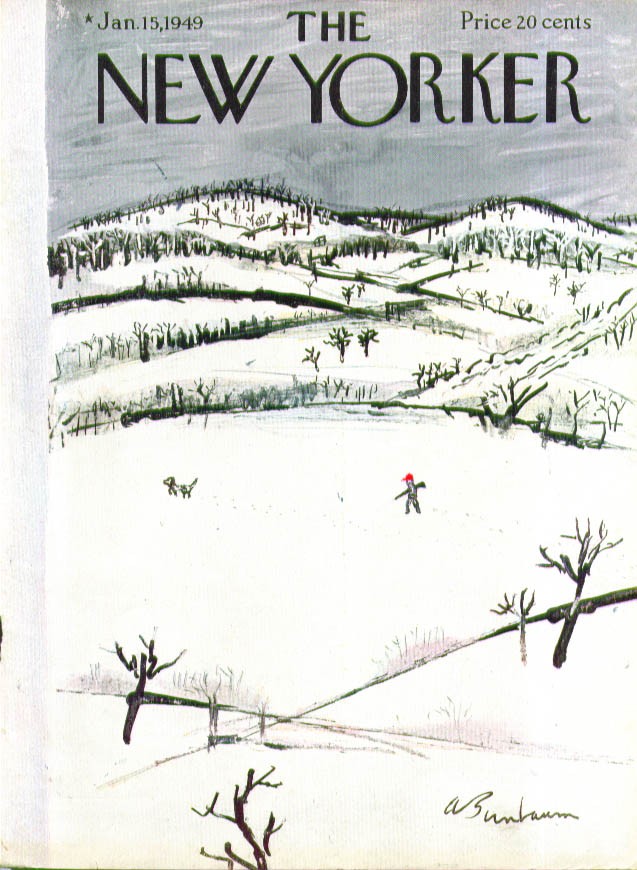 New Yorker cover Birnbaum lone hunter & dog cross snow-covered field 1/15 1949