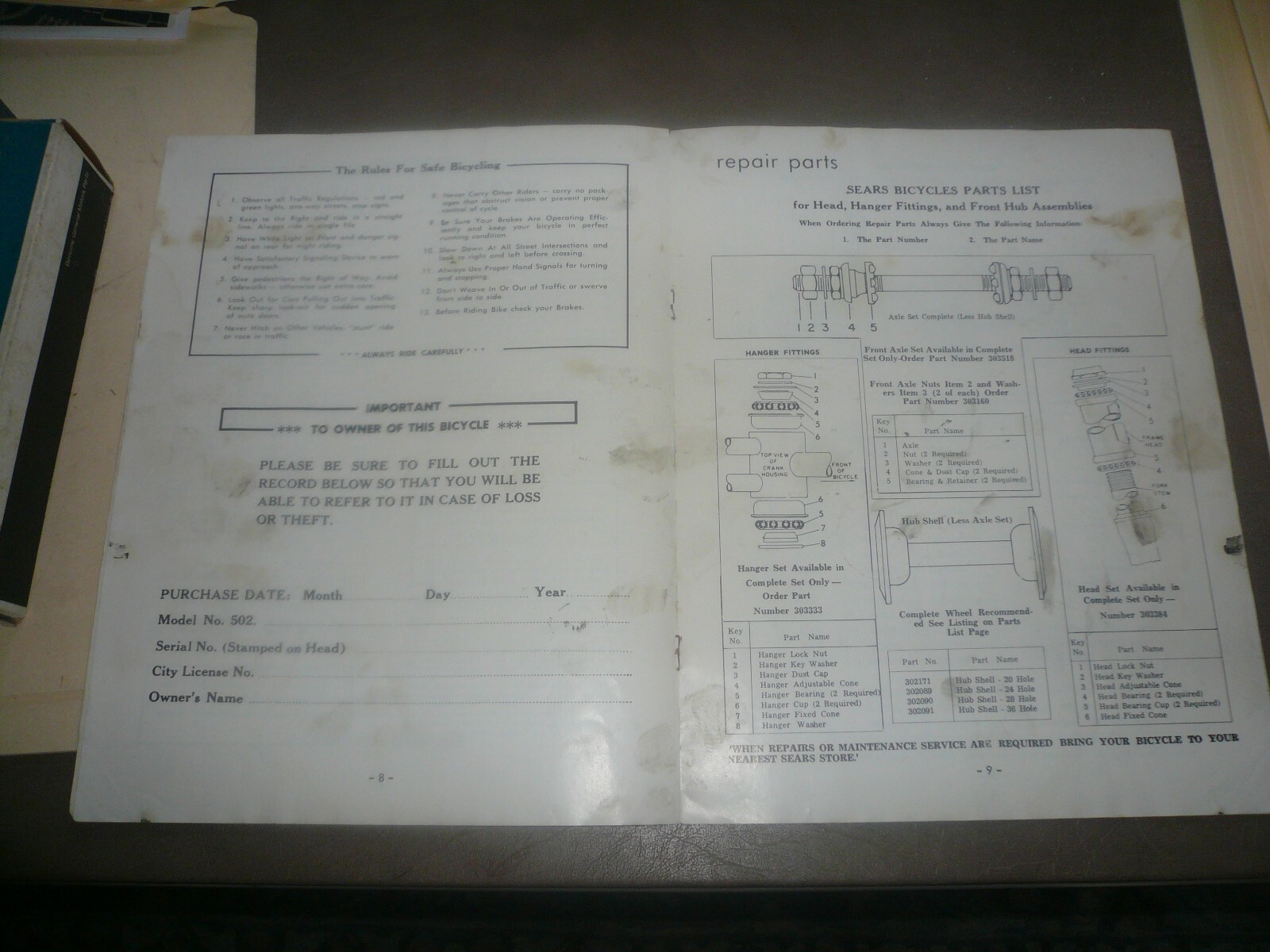 Sears 26″ & 27″ Lightweight Bicycle Owner’s Manual – F-3107