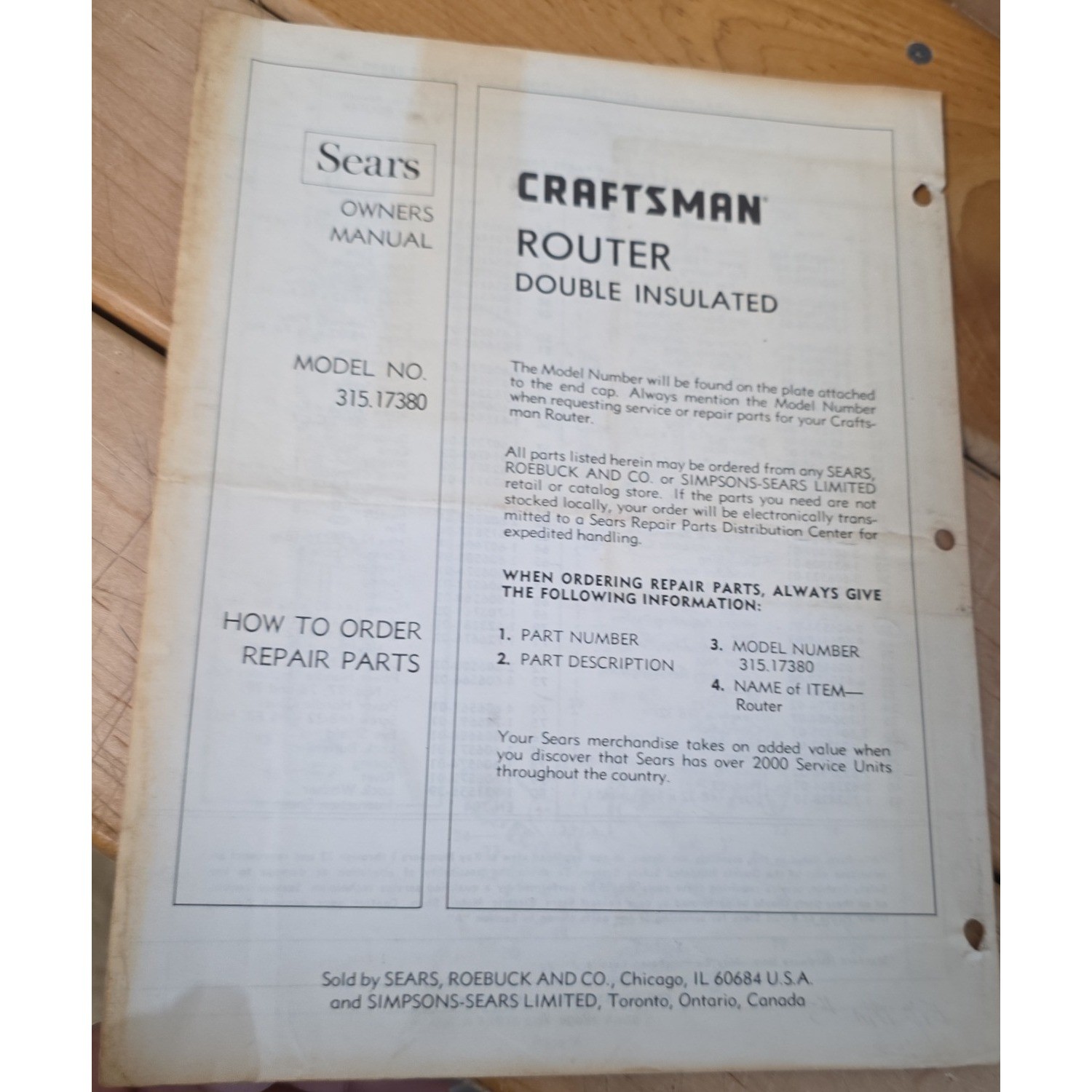 Vintage Sears Craftsman Router Owners Manual Model 315.17380 Double Insulated