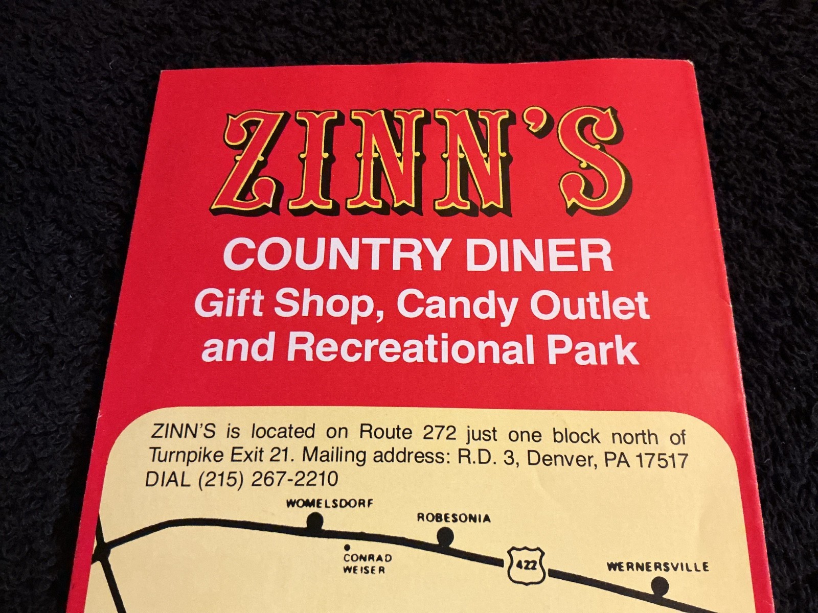 ZINN’S COUNTRY DINER BROCHURE (1980s) LANCASTER/DENVER, PENNSYLVANIA DUTCH Amos