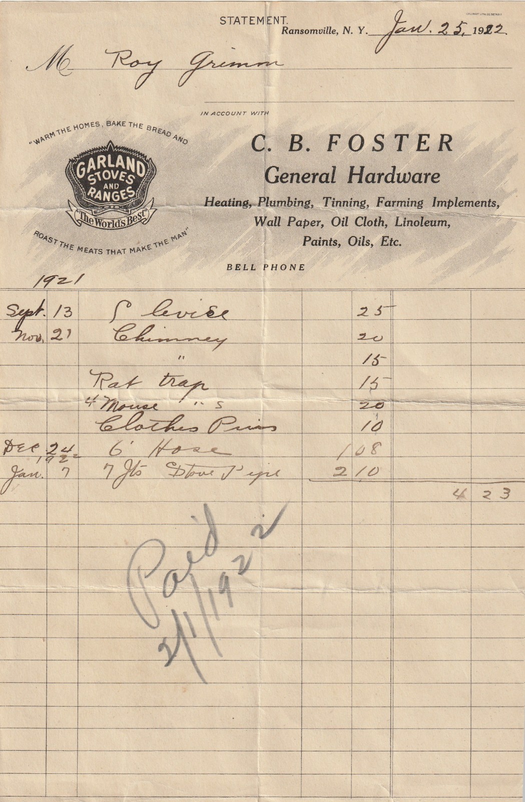 Statement January 25th 1922 CB Foster General Hardware Billhead SP1012