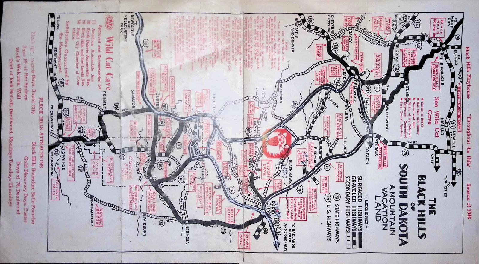 1942 Wild Cat Cave Ad Black Hills SD Brochure Page Stalactites Lithograph