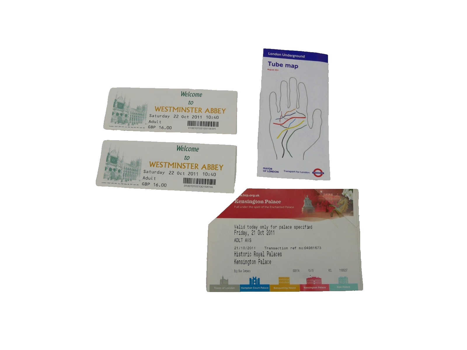 Souvenir Tickets and Tube Map from London – Westminster Abbey Kensington Palace
