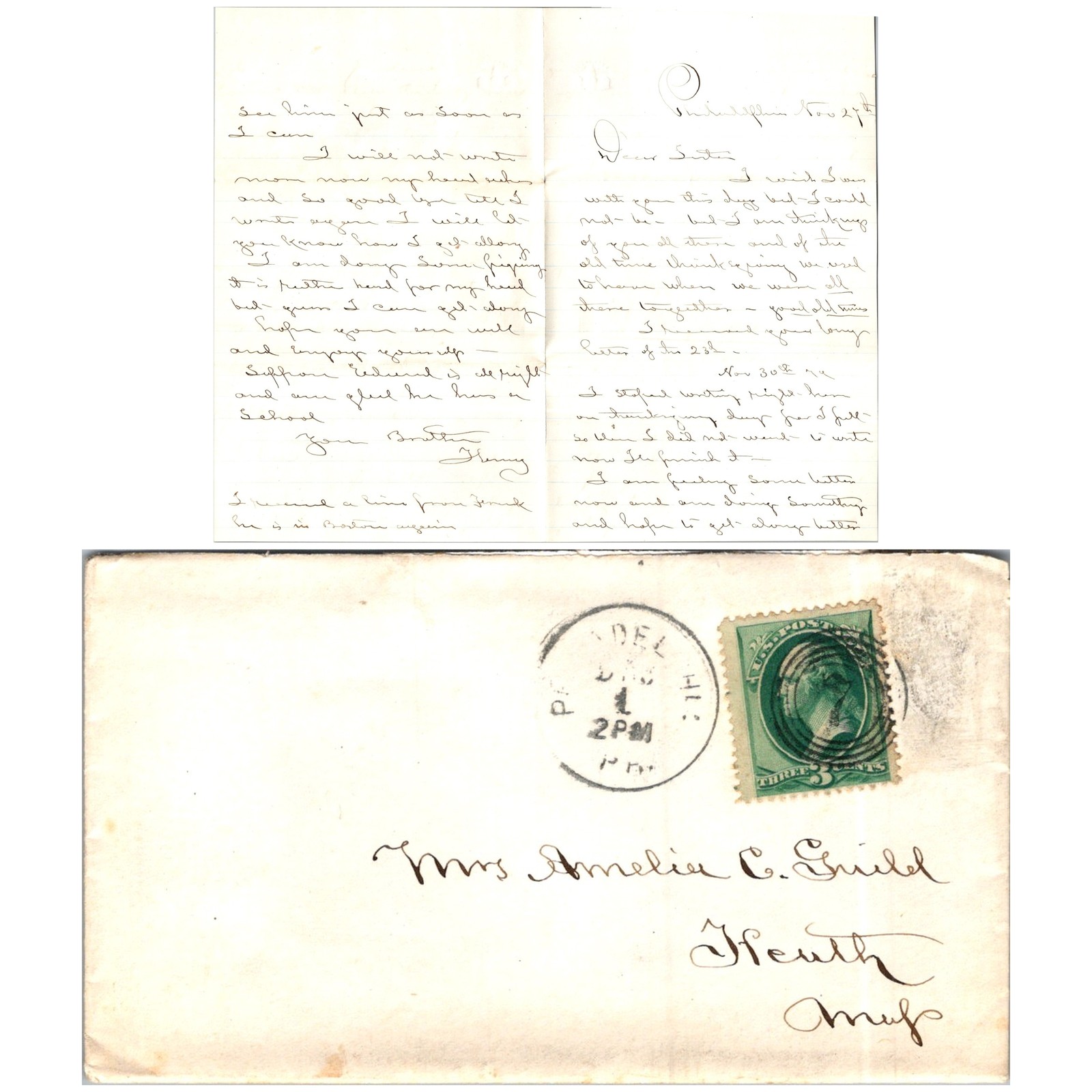 1890 Letter to Sister Amelia C. Guild Philadelphia PA Thanksgiving Nostalgia &