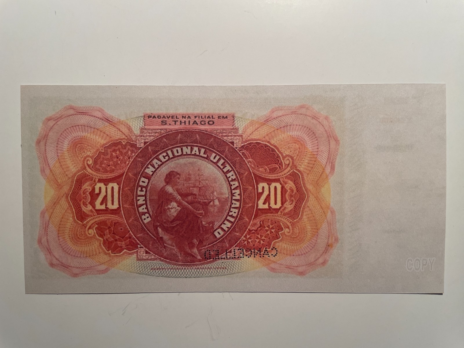 Cape Verde, Cabo Verde 20 Mil Reis 1909 Banknote reproduction