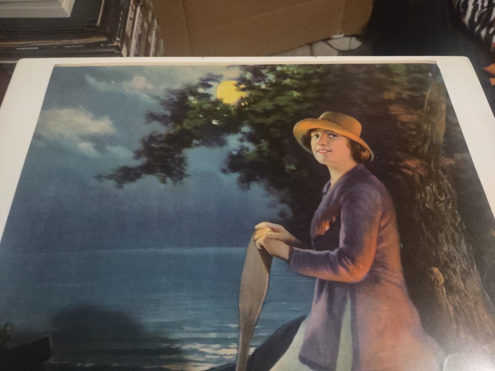 EARLY 1900’S VINTAGE CHROMOLITHOGRAPH PRINT YOUNG WOMAN MOONLIGHT CANOE PADDLE