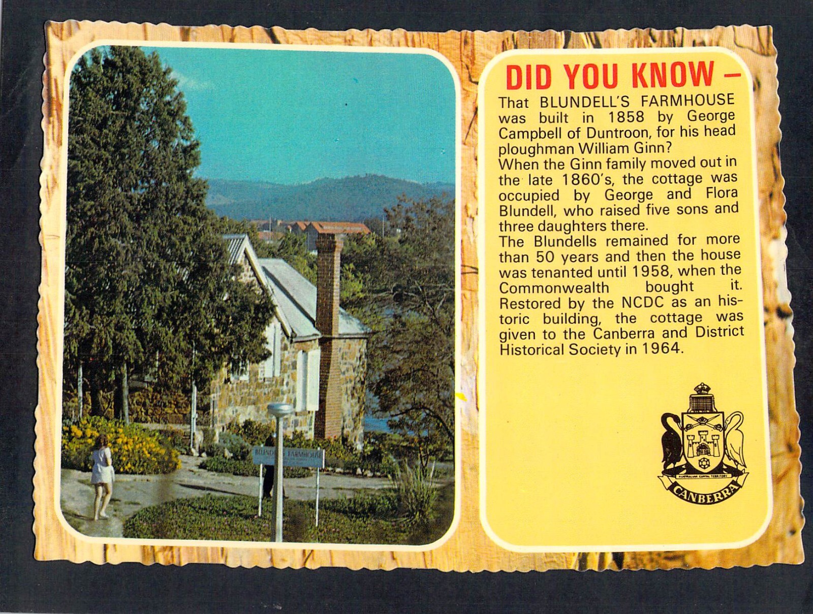 F3286 Australia ACT Blundells Farmhouse Did You Know MV postcard