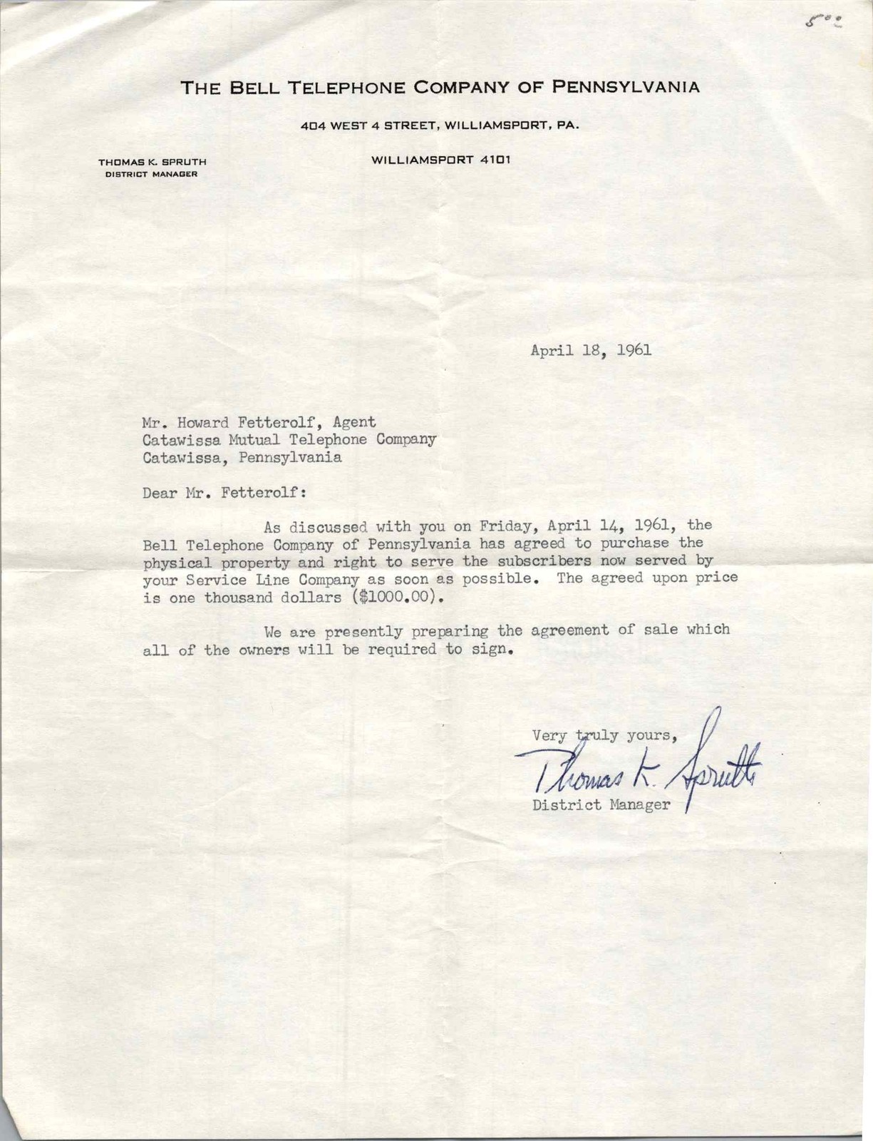 1961 Bell Telephone Co PA Letter Catawissa Mutual Purchase $1000 Spruth Signed