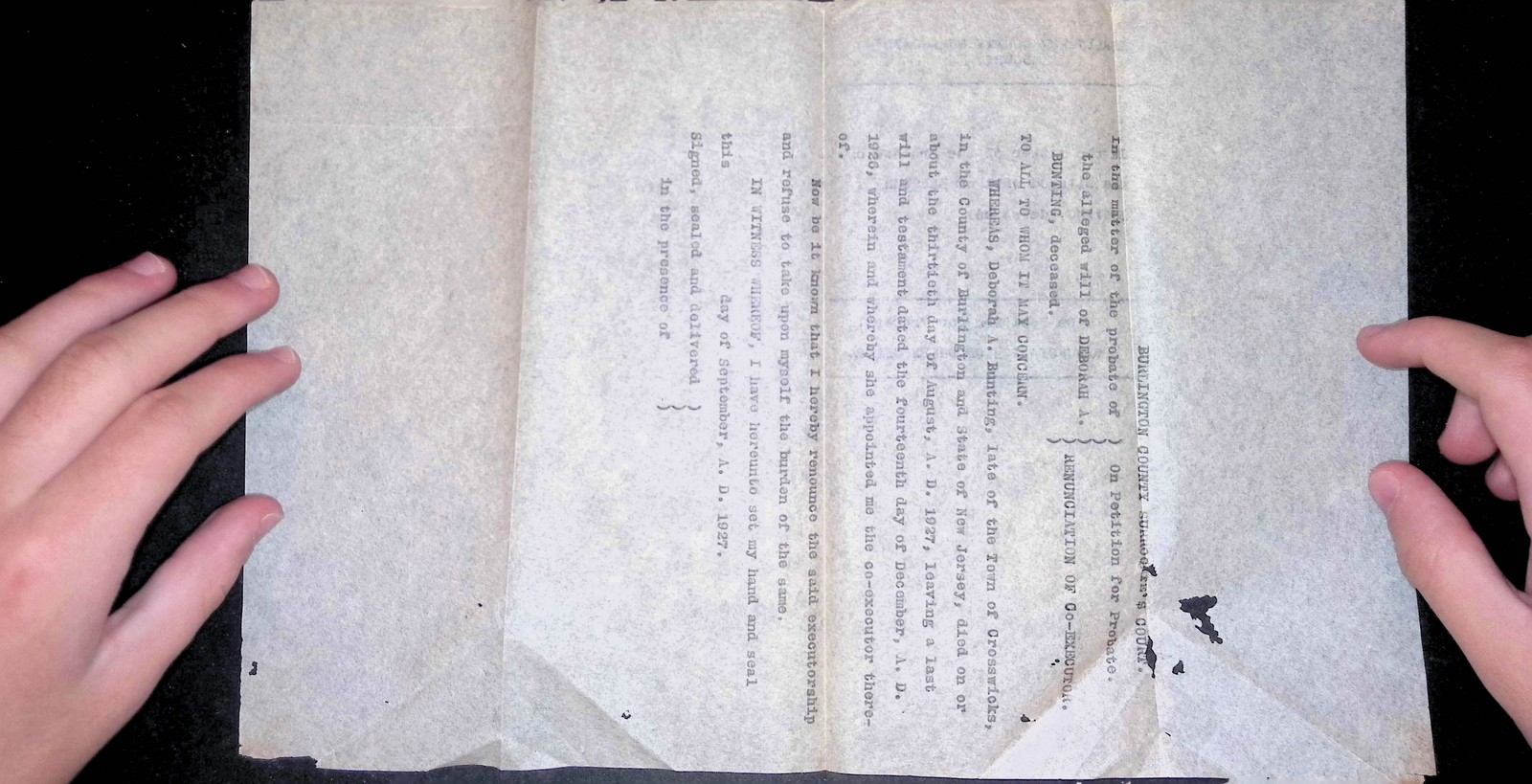 1927 Renunciation Co-Executor Bunting Burlington NJ Probate Will Crosswicks
