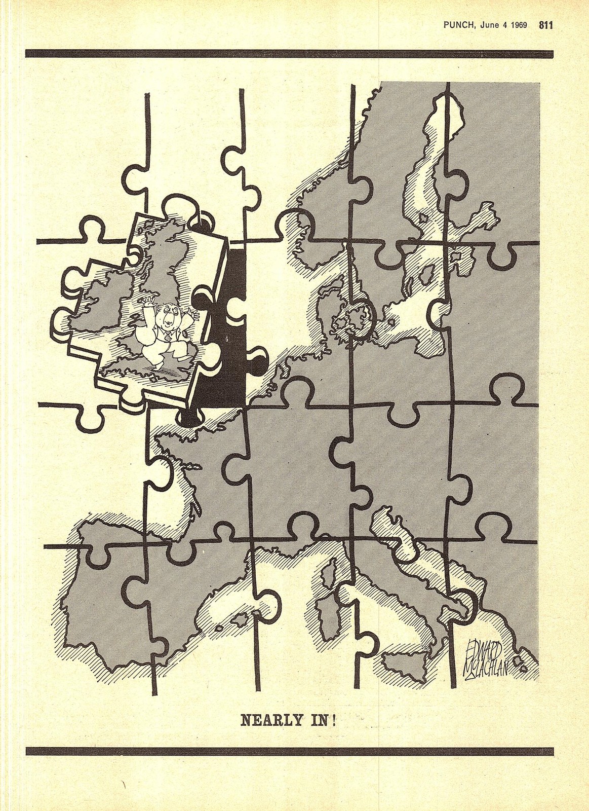 Original 1969 Punch McLachlan Cartoon Print Common Market Jigsaw “Almost In!”