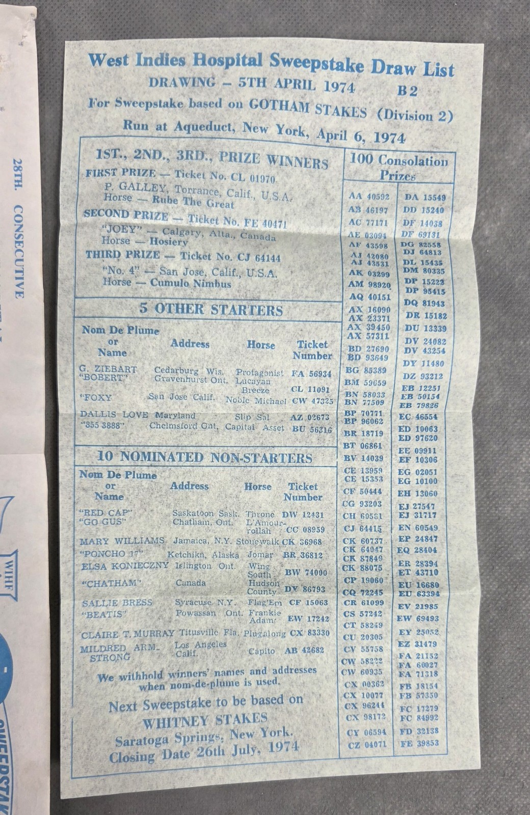 Vintage 1974 WEST INDIES HOSPITAL Advertising SWEEPSTAKES Ticket Book PRIZE LIST
