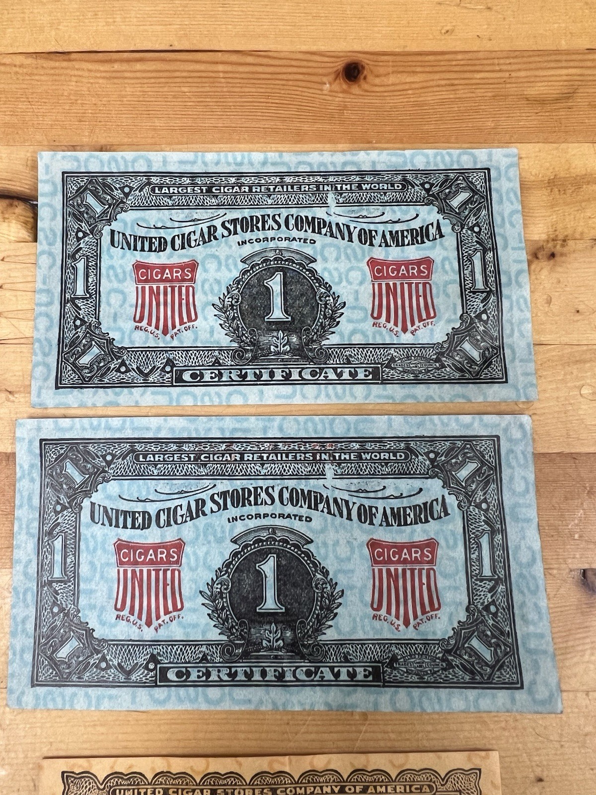 United Cigar Stores Company of America $1 Green & Orange Certificate- Set Of 4