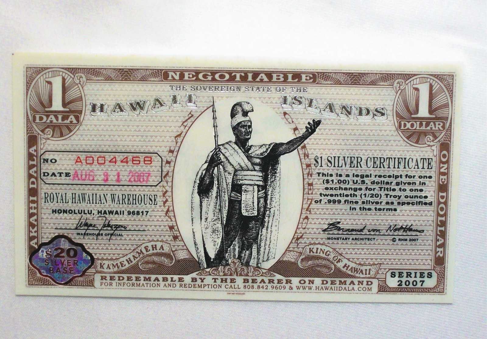 NORFED – 2007 American Liberty Currency – Hawaii Islands $1 Silver Certificate