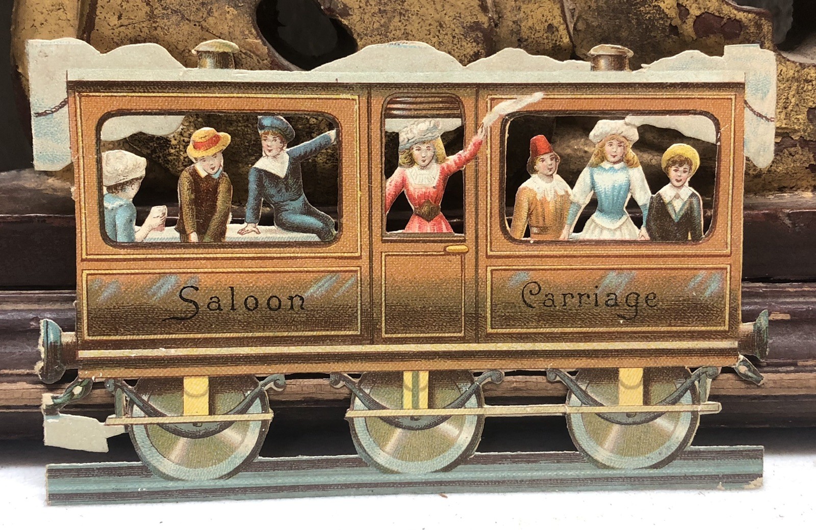 Victorian Die Cut “Saloon Carriage” Brown Train Car Scrap L2
