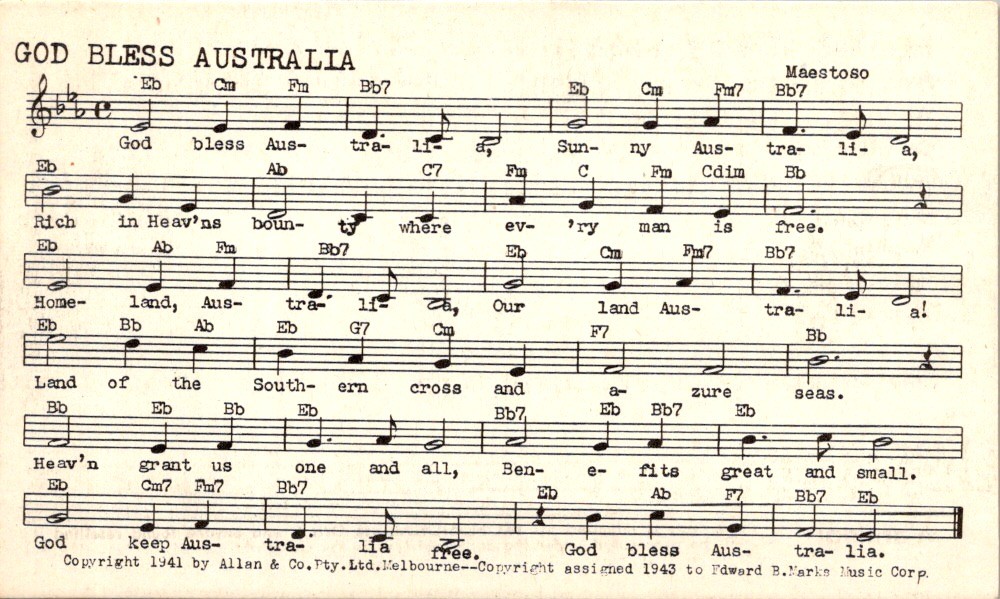 Tune-Dex Card “God Bless Australia” 1943 BMI Lead Sheet WWII Patriotic Song