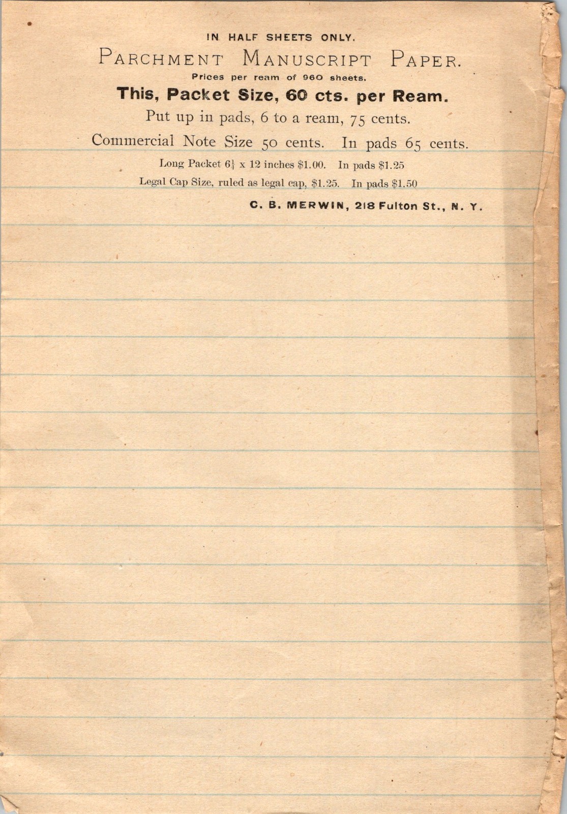 C B Merwin Sample Sheet 1890s Parchment Manuscript Paper New York City