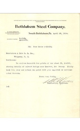 Bethlehem Steel Letter 1914 Morristown & Erie Railroad NJ – Railroadiana, PA