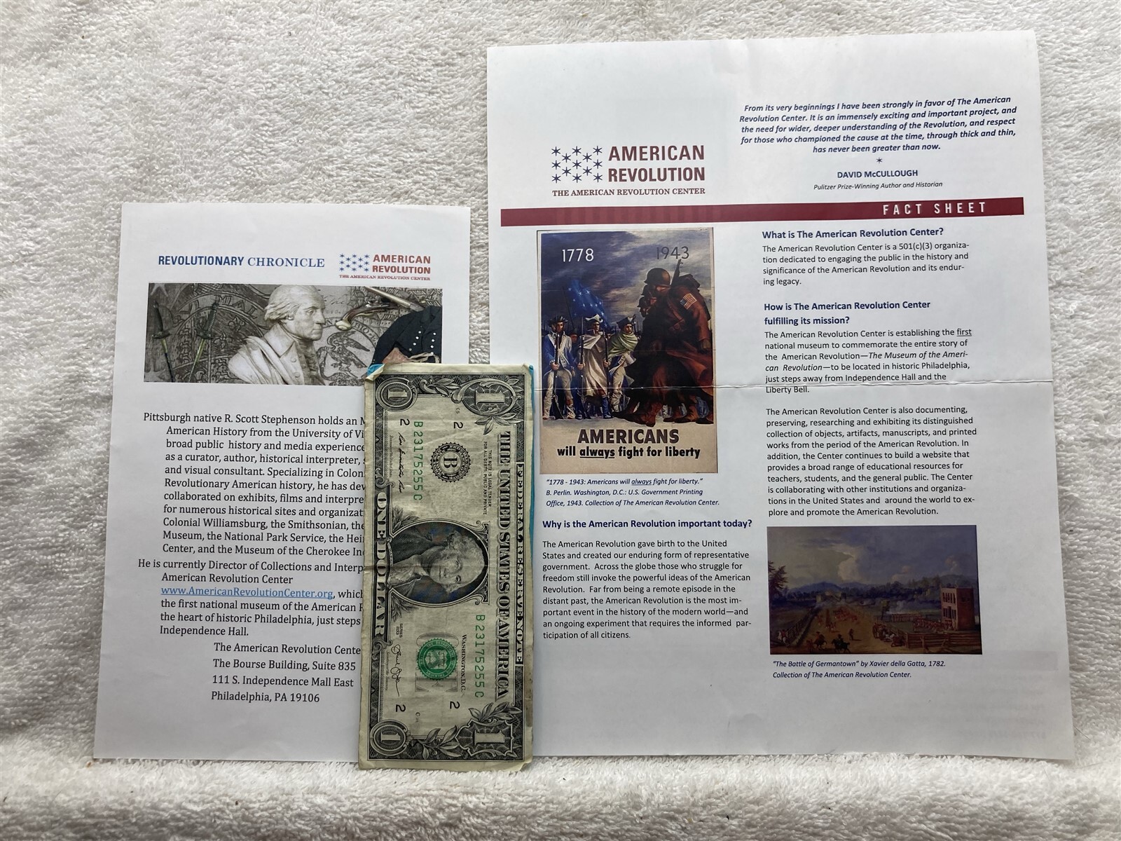 2000’s American Revolution Center Philadelphia PA Fact Sheet Vtg