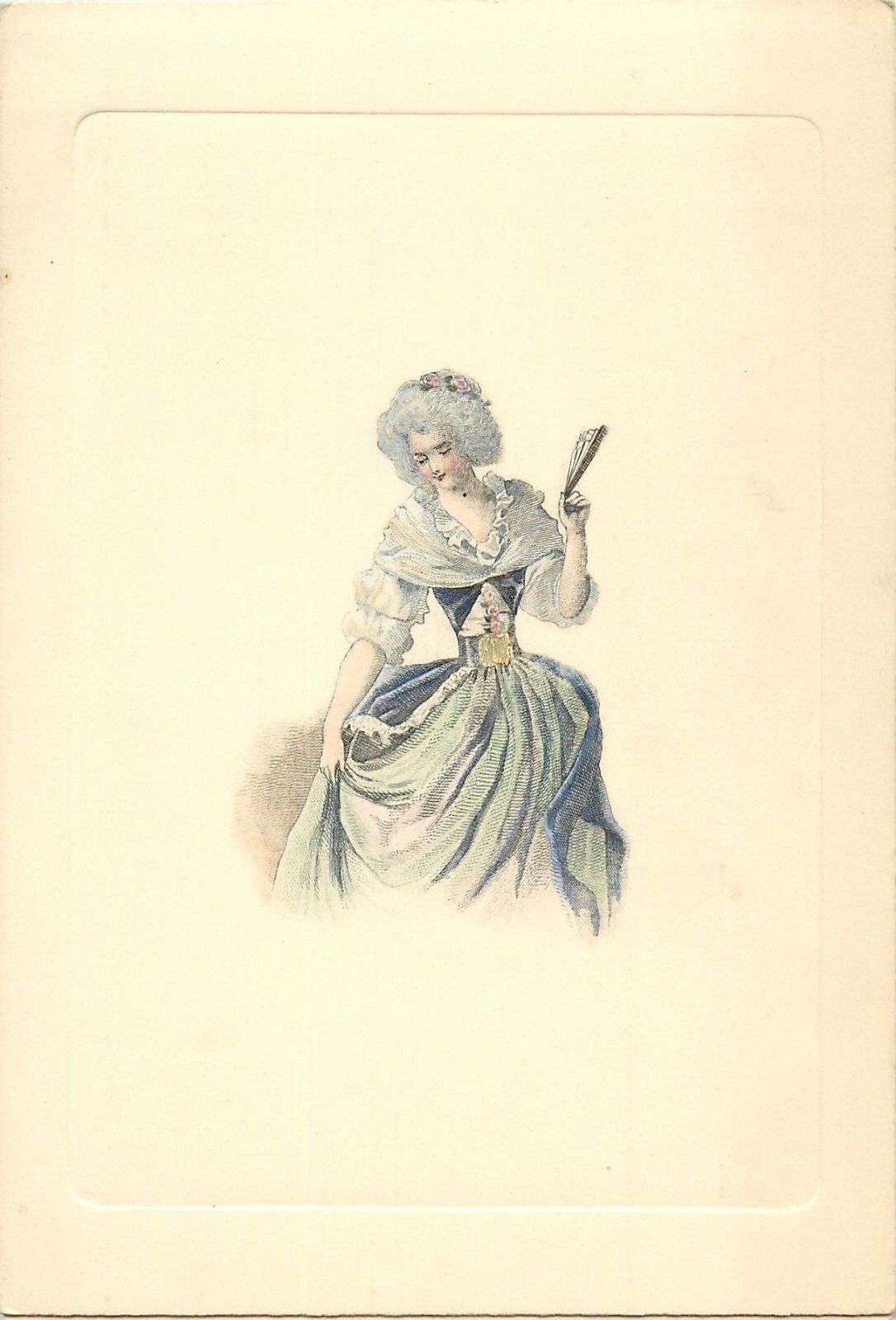 Vintage 19th Century Hand-Colored Fashion Engraving Card Lady in Corset, Pannier