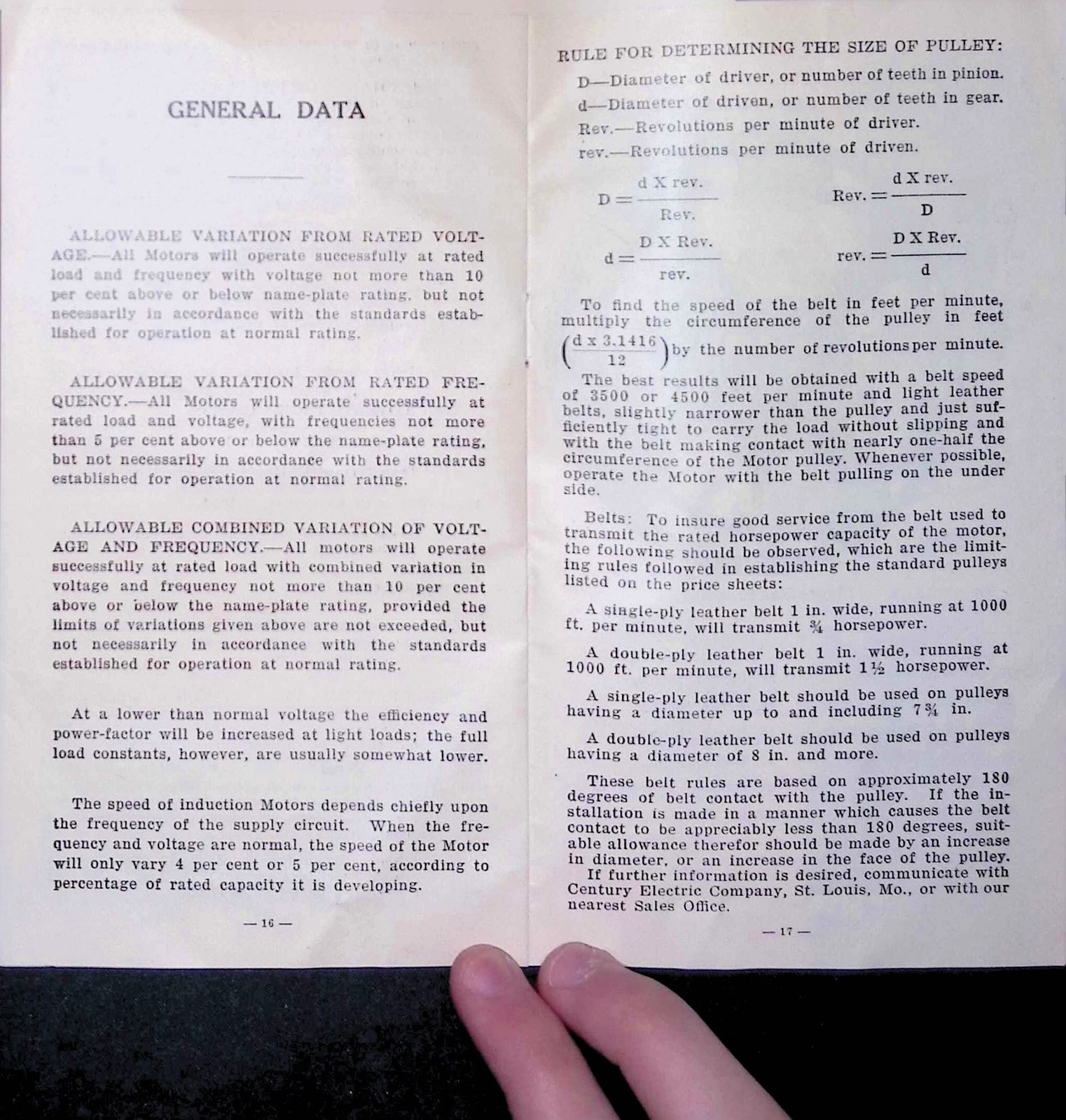 Century Electric Co. St. Louis Motor Data & Pulley Rule c. 1910s Manual