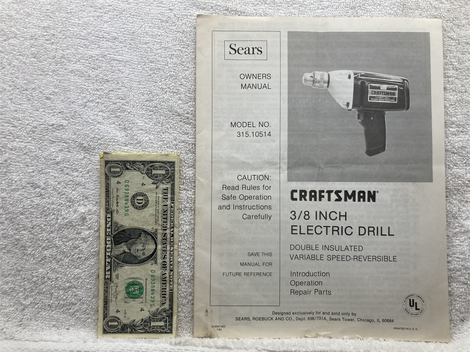 1983 Sears Craftsman 3/8 Inch Drill 315.10514 Owners Manual Guide Vtg