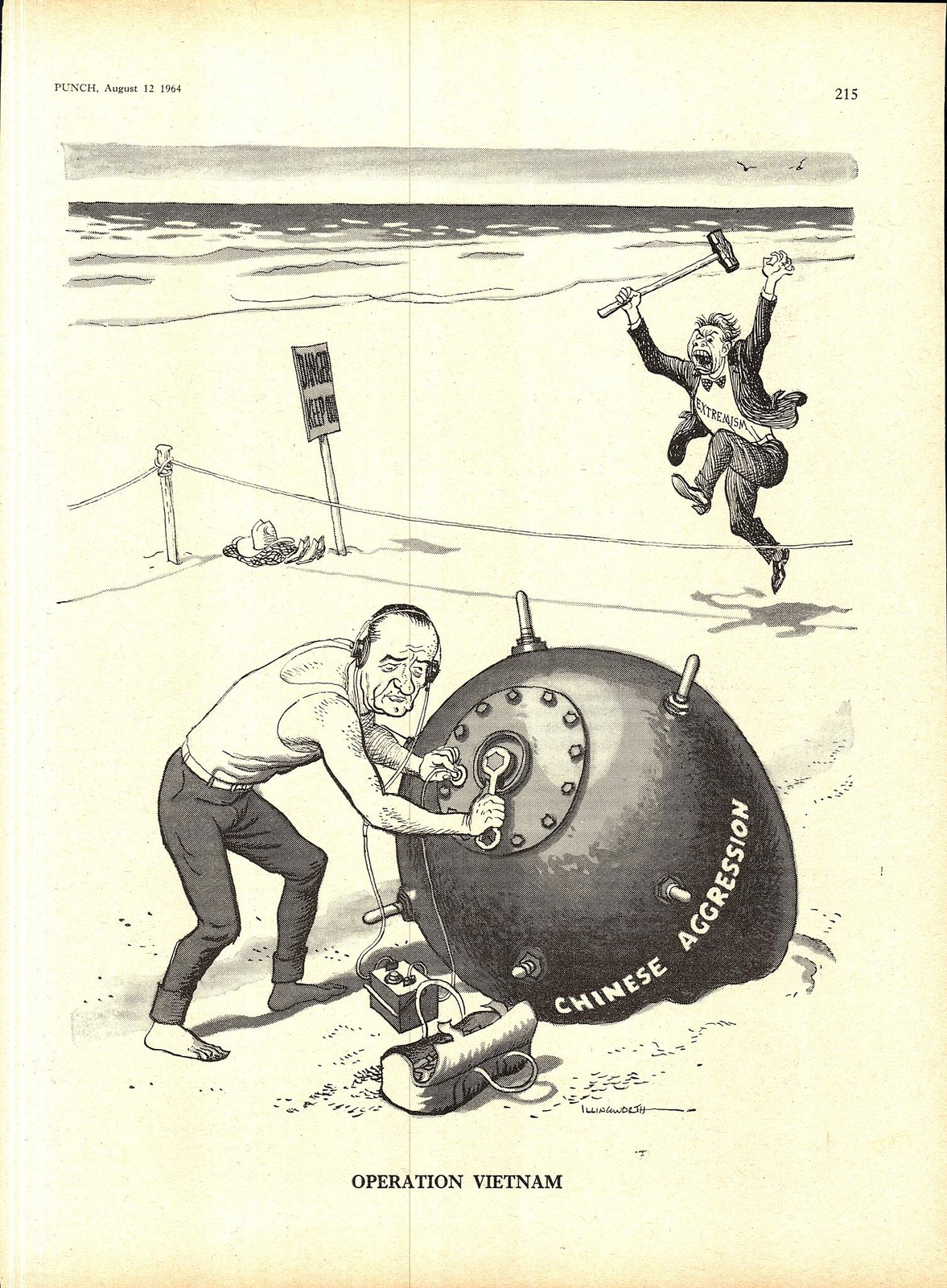 1964 Punch Illingworth Cartoon Print: LBJ & Chinese Aggression OPERATION VIETNAM