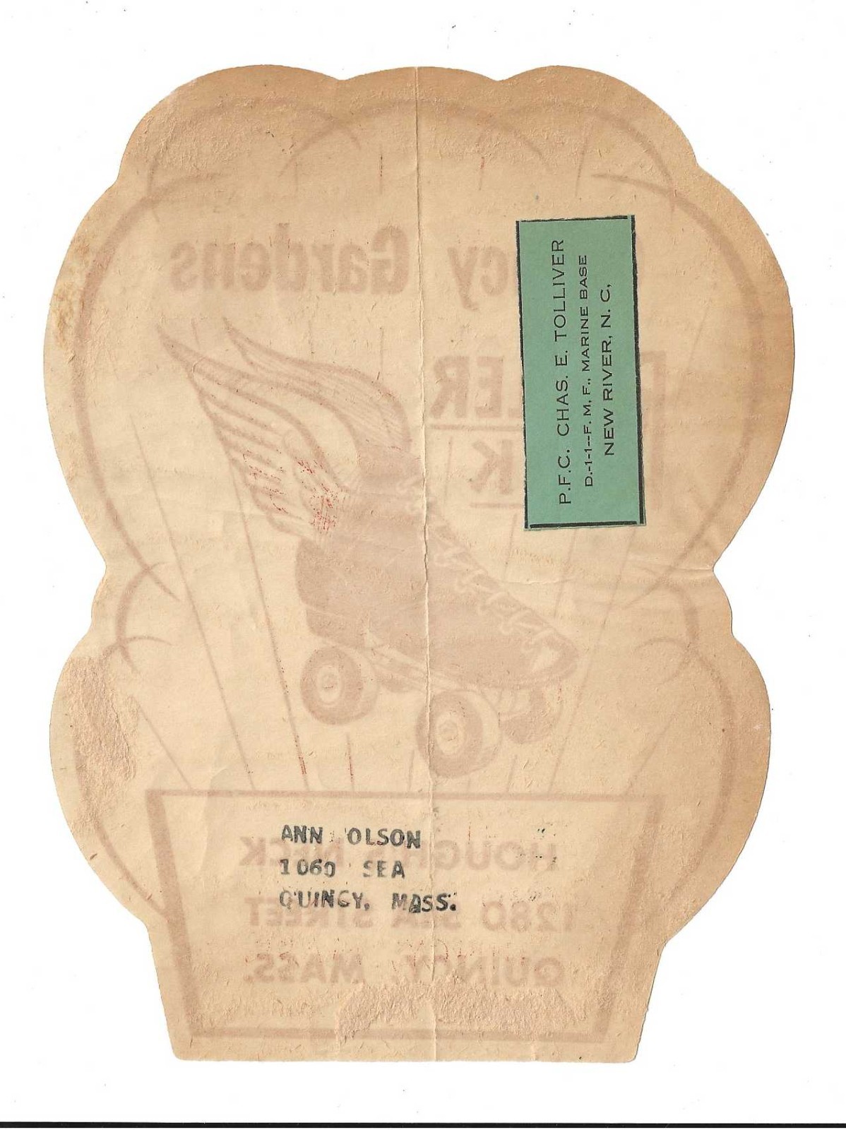 Roller Skate Rink Label Quincy Gardens Mass~7×6 in~w/Soldier address~c 1950