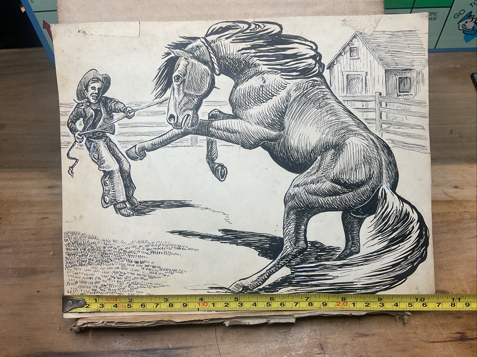 Vintage Hand Drawn Picture Of Cowboy & Horse – Unknown Artist B57