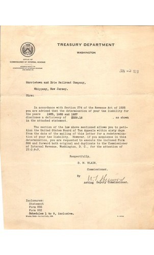 1929 US Treasury Tax Notice Morristown & Erie Railroad NJ Railroadiana Paper