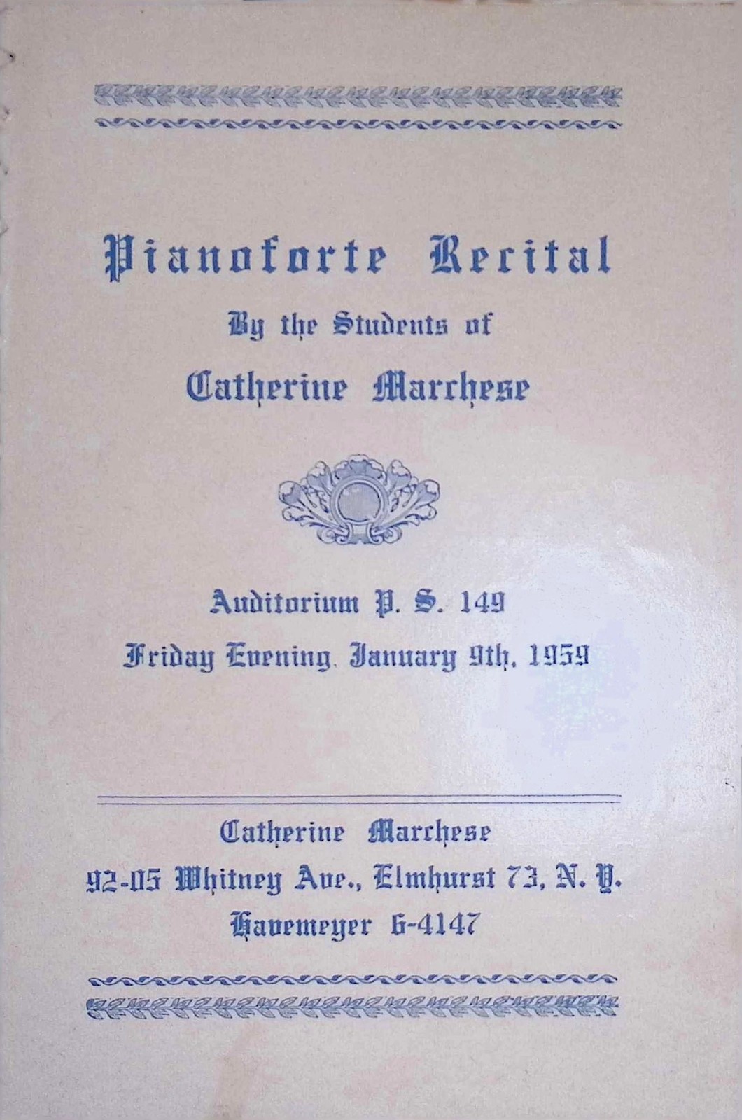 Catherine Marchese Piano Recital Program 1959 P S 149 Elmhurst NY Students