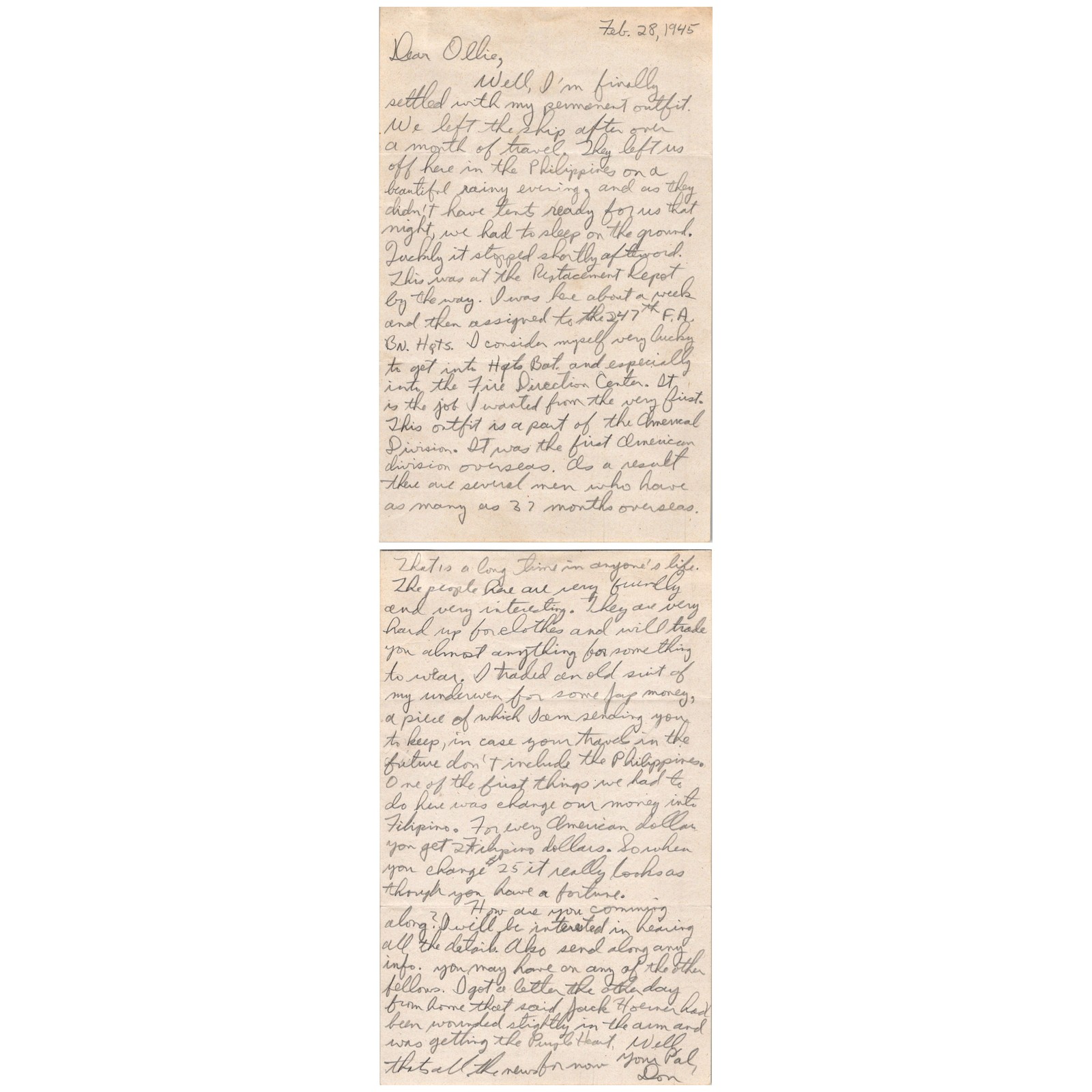 WWII 1945 Philippines Letter 347th FA Bn Americal Div Fire Direction Center