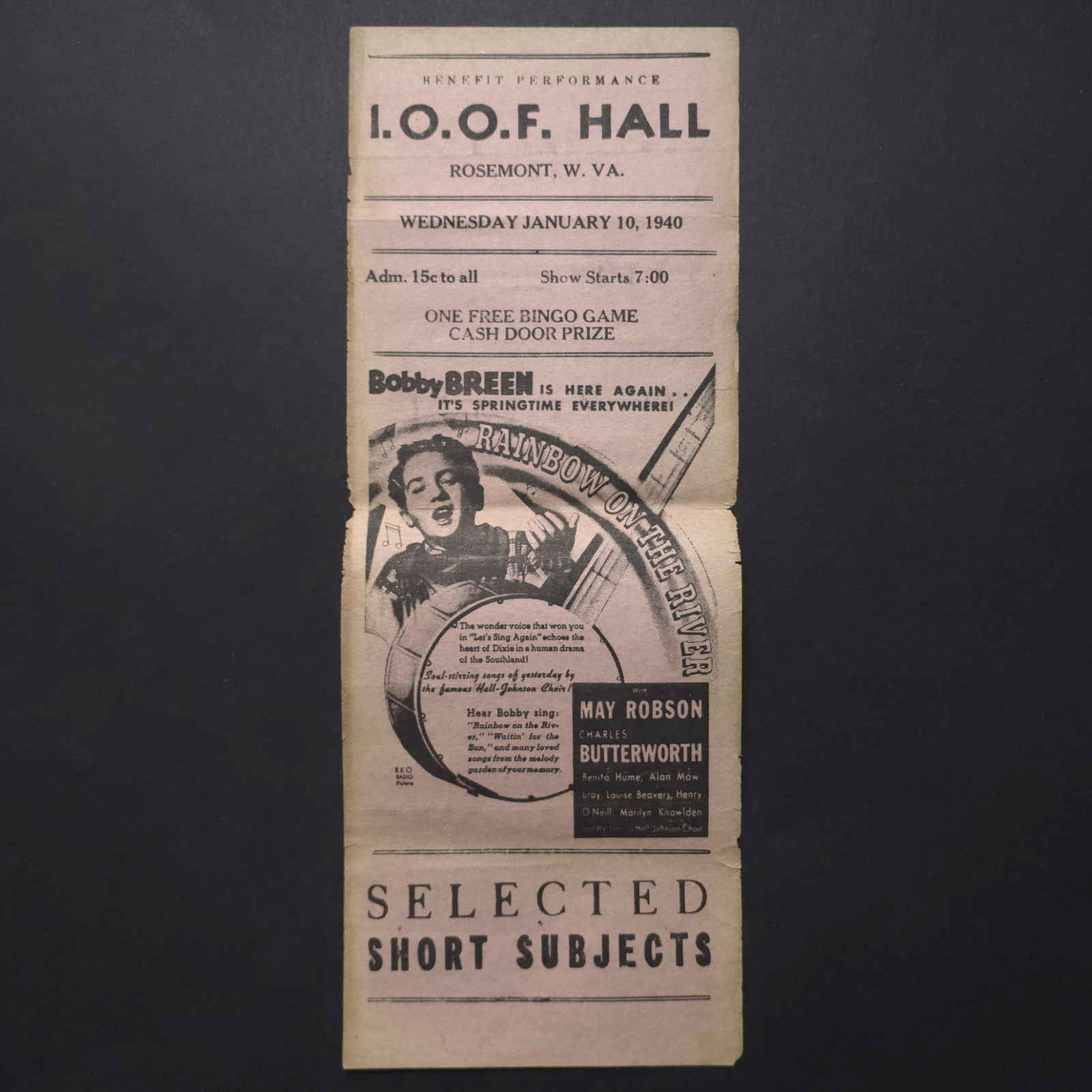 I.O.O.F. Hall Rosemont WV Rainbow on the River Bobby Breen 1940 Movie Herald Vtg