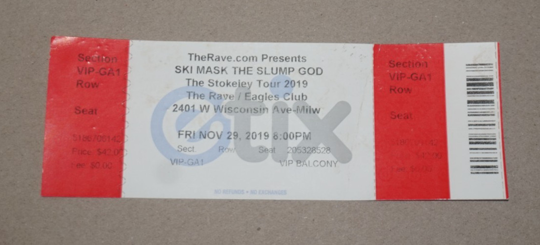 2019 The Rave Ski Mask The Slump God Milwaukee WI Ticket Stub VIP Never Used