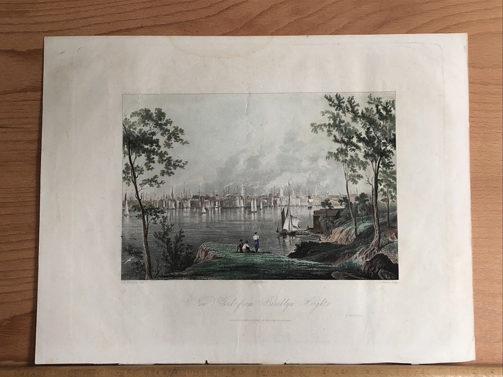 1834 HAND COLORED STEEL ENGRAVING VIEW OF NEW YORK CITY FROM BROOKLYN HEIGHTS