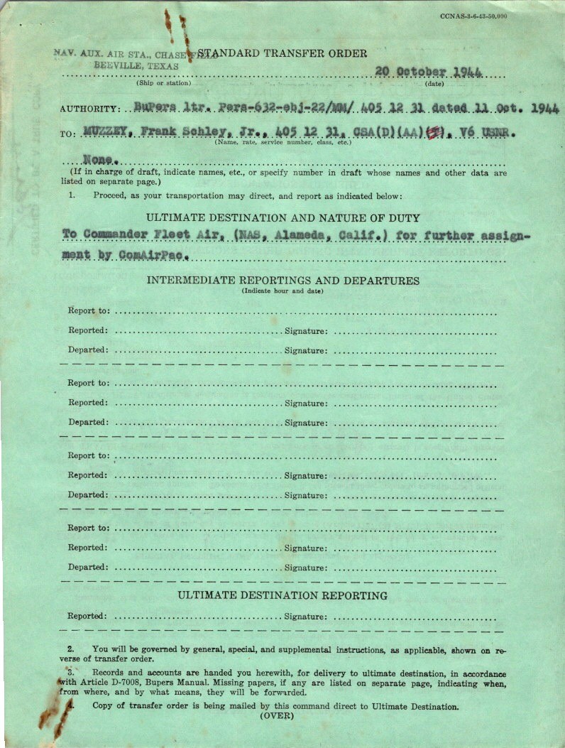 1944 WWII US Navy Transfer Order Frank Schley Muzzey Jr Alameda & Rationing