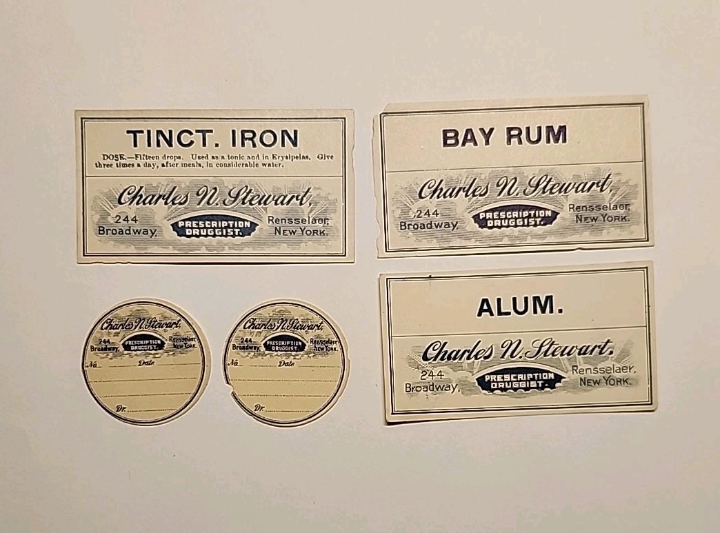 Rjkstamps VINTAGE Charles Stewart PHARMACY DRUG STORE Labels Rensselear, NY.