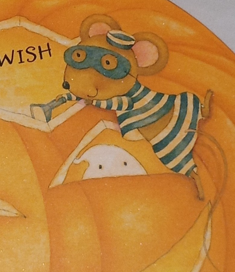 Halloween card, adorable mice in costume roasting marshmallows, 5″ used