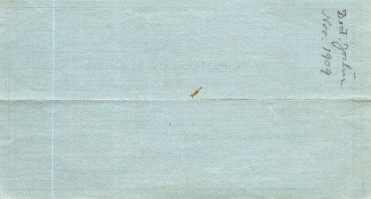 1909 Dr G.H. Joslin Hamden CT Medical Bill Mr Harriet Pierpont Quarterly