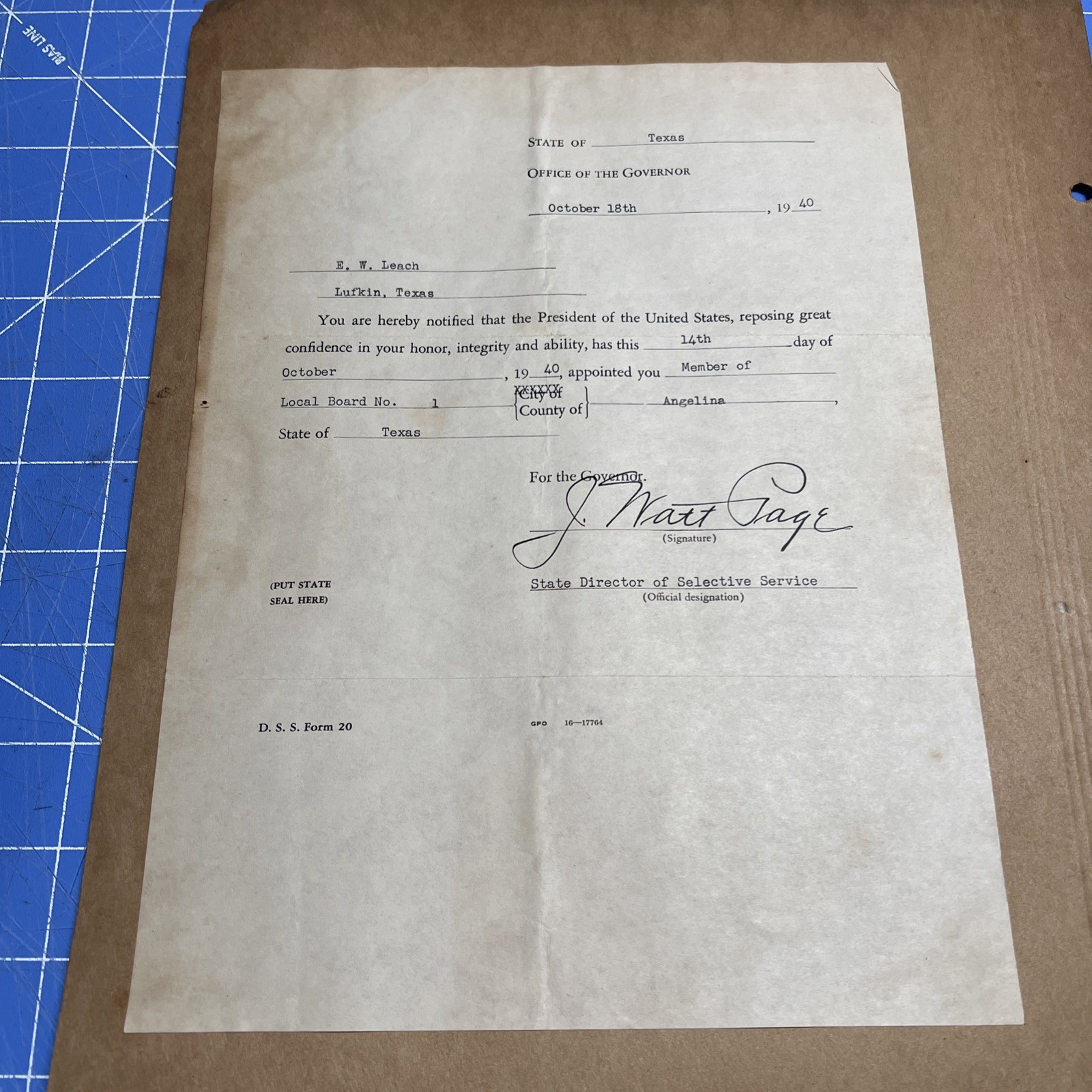 1940s Document WWII Local Board Appointment Selective Service Lufkin Texas