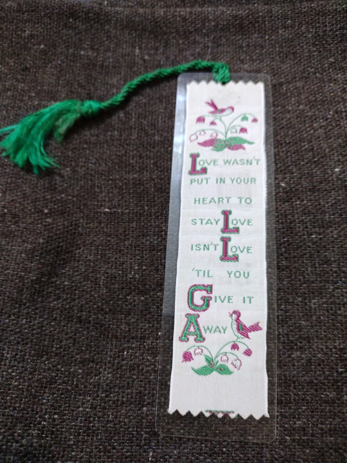 Vtg Weve A Gift Woven Bookmark Love Give It Away Birds Tassel Sound Of Music